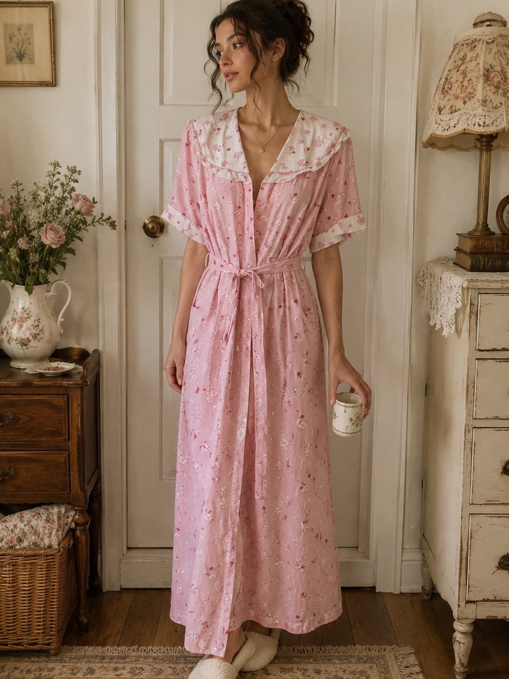Vintage Madison Avenue Pink Floral House Dress Robe Large